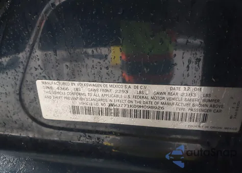 2009 Volkswagen Jetta S из США, поврежденный, VIN 3VWJZ71K09M098926